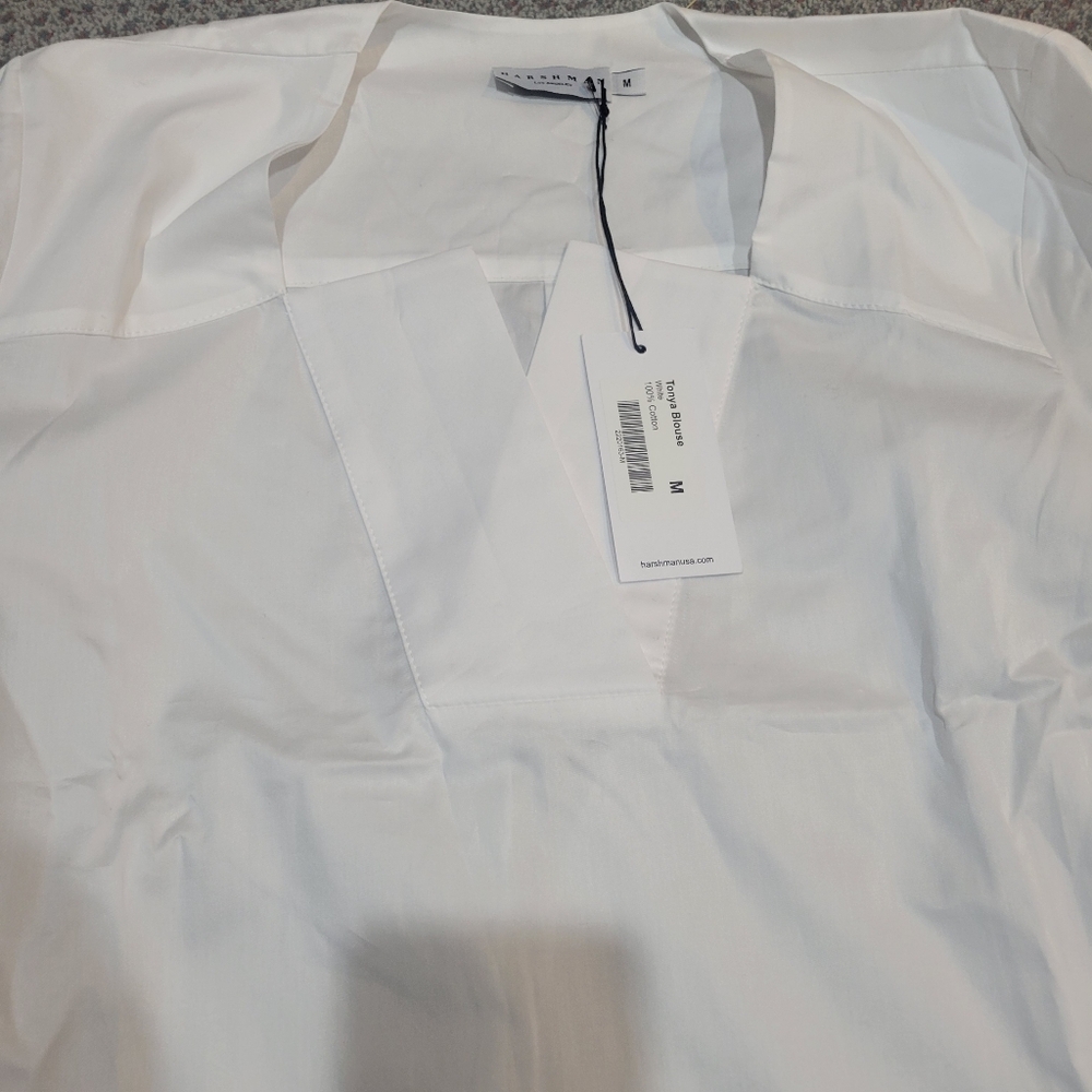 NWT HARSHMAN TONYA Cotton Popover Blouse Balloon Sleeve White Size M MSRP $193 - Picture 3 of 6